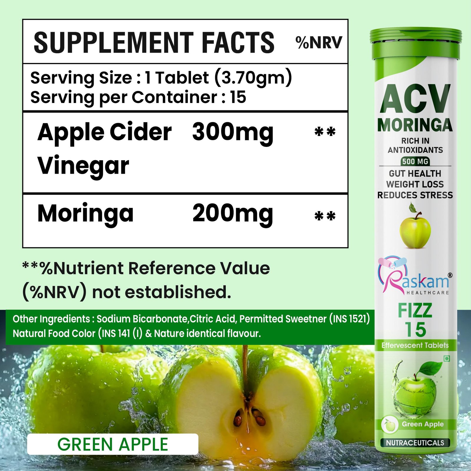 Healthcare ACV Moringa 15 Effervescent Tablets 500mg Apple Cider Vinegar With No Added Sugar For Gut Health | Immunity Booster | Weight Loss | (Pack of 4, Refreshing Green Apple Flavour) - Image 9