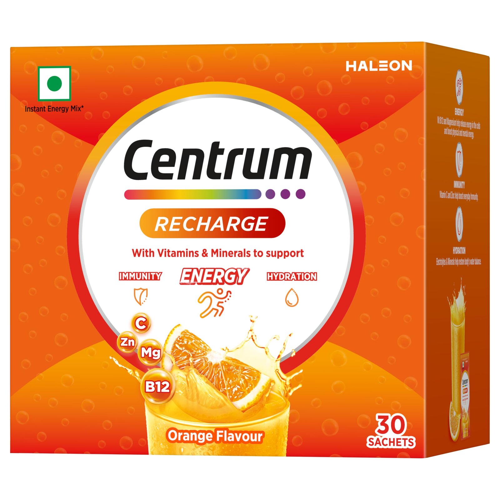 Recharge Energy Drink Mix with Vitamins & Minerals | For Energy, Hydration & Immunity | Vit. C, Vit. B12, Electrolytes, Magnesium, Biotin, Zinc & More | Orange Flavour - Pack of 30 Sachets - Image 5