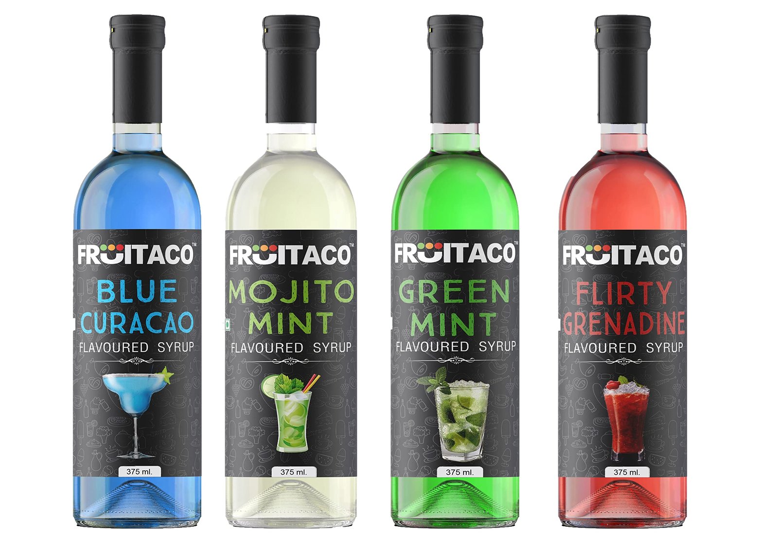 Blue Curacao, Grenadine,Green Mint Mojito Mint - Mocktail, Cocktail Mojito Syrup - Perfect for Mocktails & Cocktails, Syrup Flavor Pack of 4 (375 ml each)