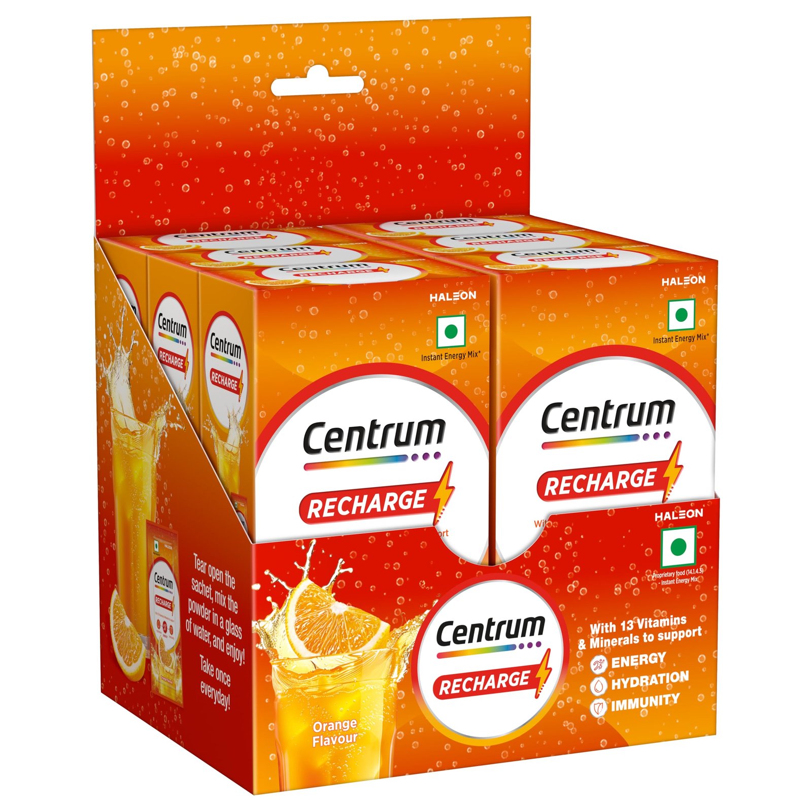 Recharge: Tasty Orange Flavoured Powder Drink Mix | No Added Sugar| Instant Energy & Hydration | 13 Vitamins & Minerals | Boosts Immunity | Vitamin B, C, Zinc, Magnesium | Pack of 36 sachets