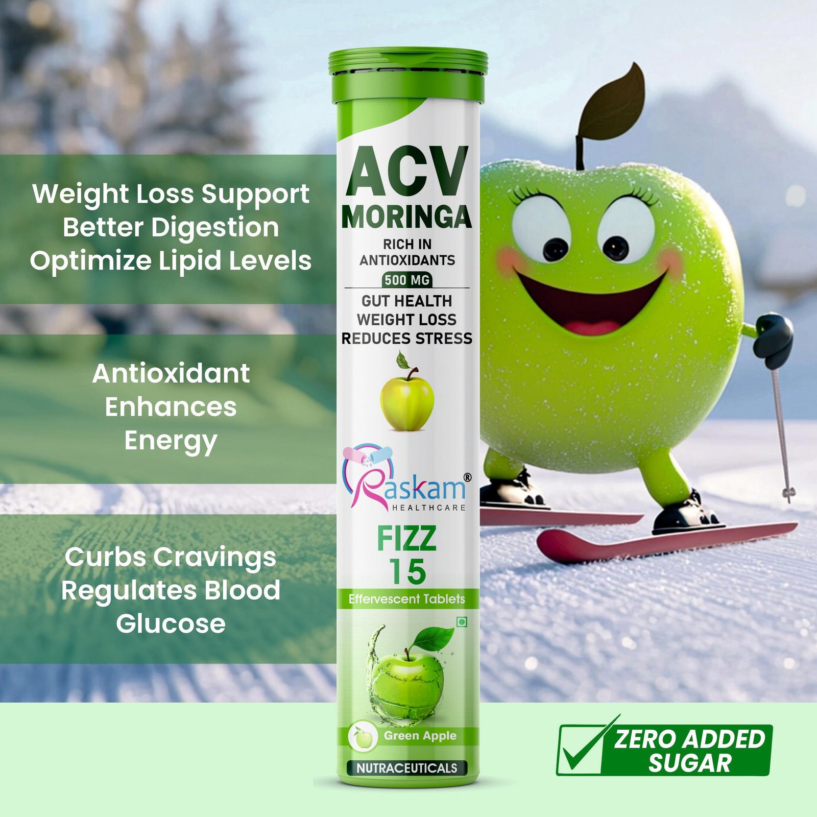 Healthcare ACV Moringa 15 Effervescent Tablets 500mg Apple Cider Vinegar With No Added Sugar For Gut Health | Immunity Booster | Weight Loss | (Pack of 4, Refreshing Green Apple Flavour) - Image 5
