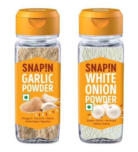 Snapin Garlic Powder & White Onion Powder (50g+50g) | Ready to use | Sourced From Rajasthan & Gujarat | Zero added Colours, Fillers & Preservatives | Pack of 2