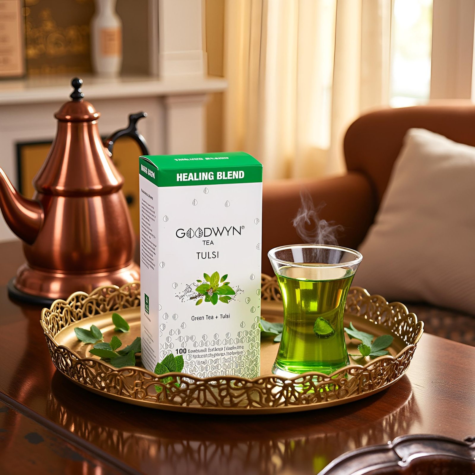 Tulsi Green Tea (100 Tea Bags) | De-stressing and Soothing | Low Caffeine Herbal Tea | Non Bitter | Plastic Free Tea Bags - Image 2