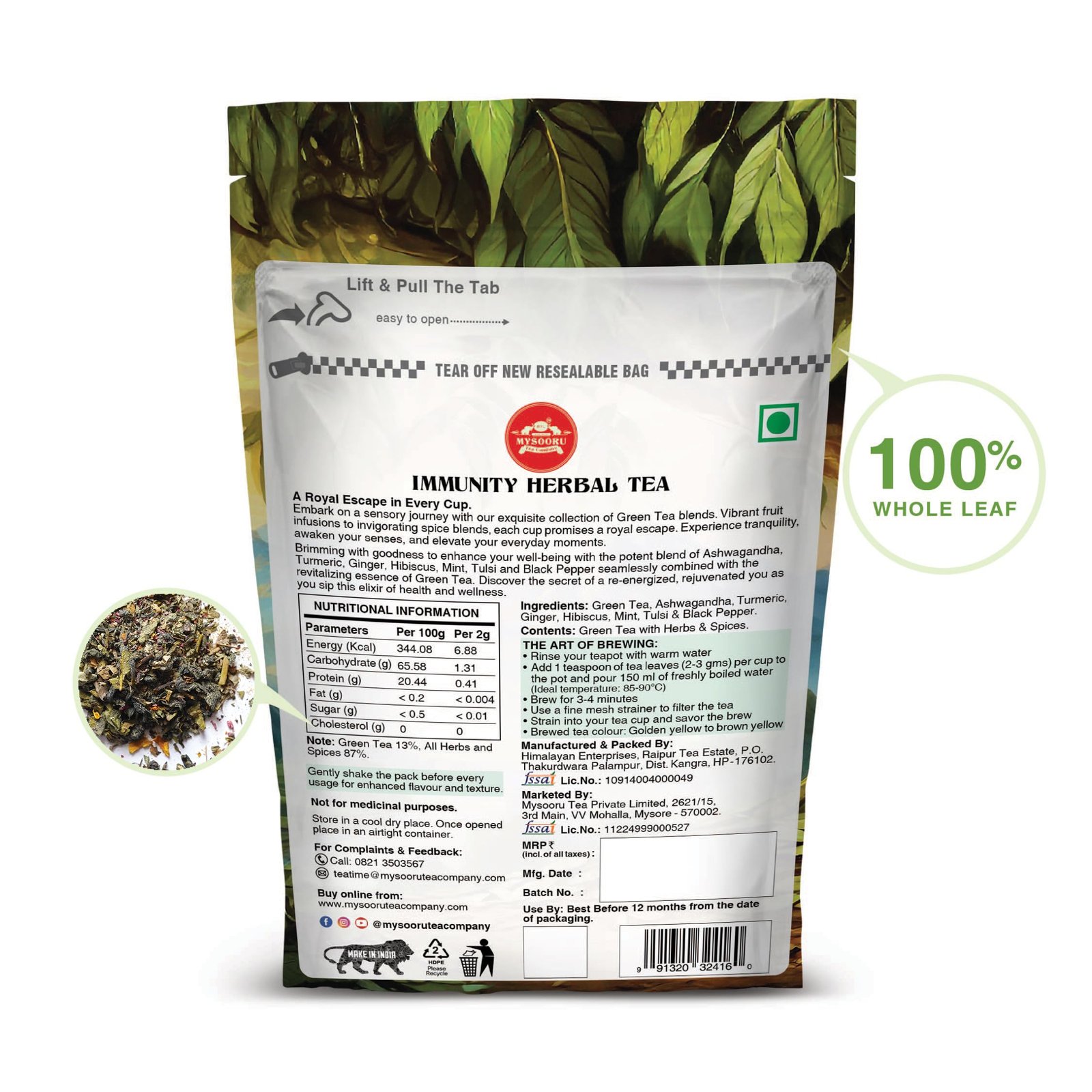 Mysooru Tea Company Immunity Herbal Tea with Green Tea Ashwagandha Turmeric Ginger Hibiscus Mint Tulsi & Black Pepper | Antioxidant Rich Wellness for Daily Health Support 50g - Image 2
