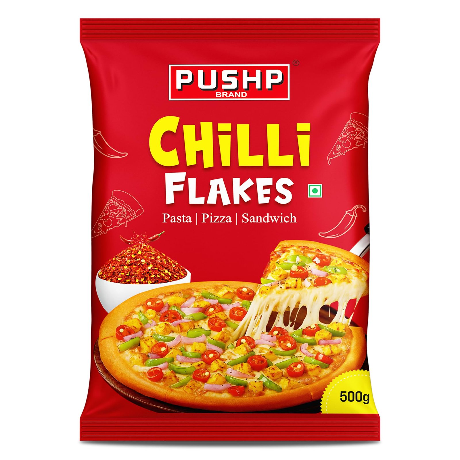 Pushp Chilli Flakes | 500g Pouch | Premium Spicy Seasoning for Pizza, Pasta & Cooking Toppings (Pack of 1)