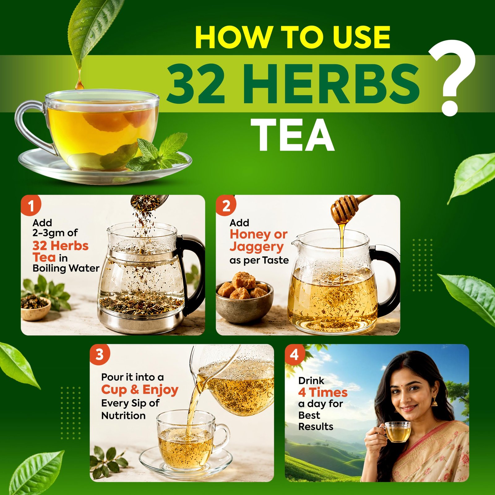 32 Herbs Tea | Herbal Tea With Elaichi, Brahmi, Tulsi, Giloy, Laung, Gulab, Dalchini, Shank Pushpi for Body Detox and Wellness | Natural Detox Kahwa, 250gm - Image 5
